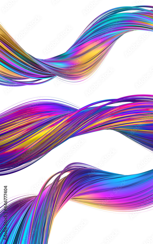 Poster set of abstract iridescent shapes, 3d render