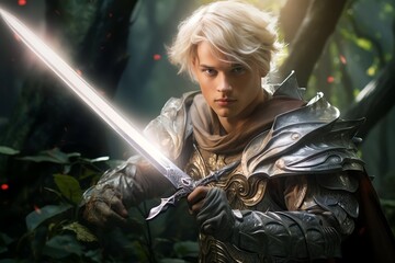 a male blonde Elf fantasy warrior holding a magical greatsword in a mystical forest - obrazy, fototapety, plakaty