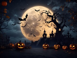 Halloween Background Haunted House Night Full Moon Bats Clouds. ai generated