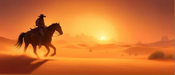 Foto op Plexiglas cowboy riding a horse through the desert, sunset, dust, western © Crimz0n