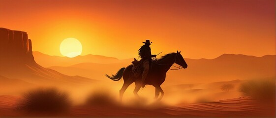 cowboy riding a horse through the desert, sunset, dust, western - obrazy, fototapety, plakaty