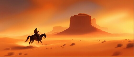 Fototapeta na wymiar cowboy riding a horse through the desert, sunset, dust, western