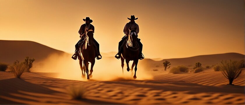 cowboy riding a horse through the desert, sunset, dust, western
