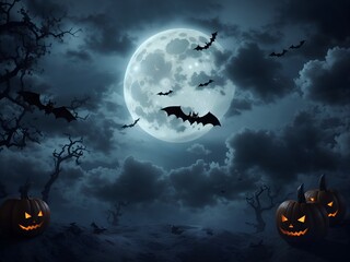 Halloween Background Night Sky Full Moon Bats Clouds. ai generated