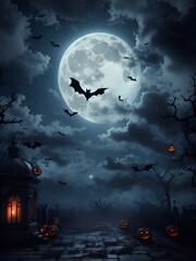 Halloween Background Night Sky Full Moon Bats Clouds. ai generated