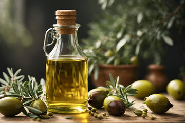 a transparent bottle of olive oil on a table with olive branches.ai generation.