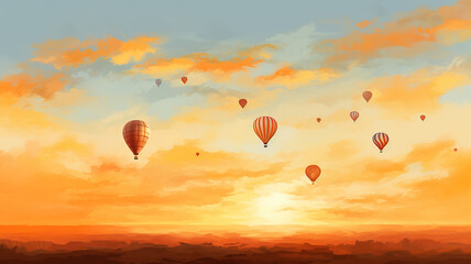 the balloon is flying against the background of the sunset sky landscape travel freedom adventure oil paints.