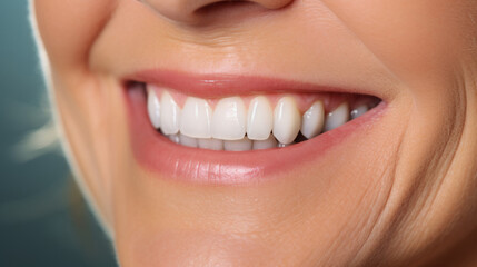 Fototapeta premium Closeup of smile with white teeth. Dental care, teeth whitening procedure at dentist.