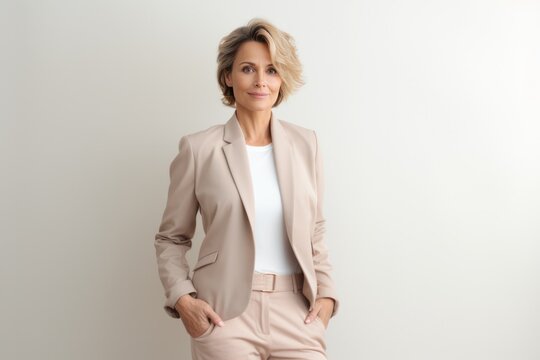 Portrait Of Confident Businesswoman Standing Against Light Pastel Background And Looking At Camera