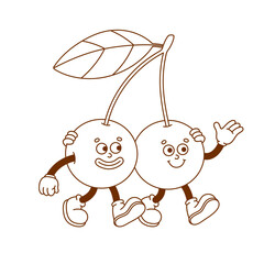 The hand-drawn cherry retro character. Vector illustration in trendy retro cartoon style. Fruit, healthy food.