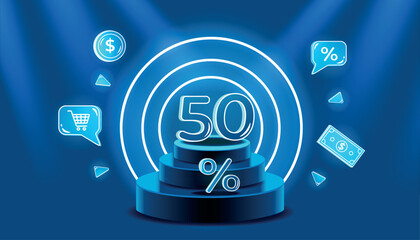 Blue podium with neon elements and 50 percent discount. Vector illustration abstract scene with discount