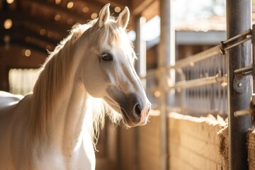 Beautiful white horse in a stable with morning lights