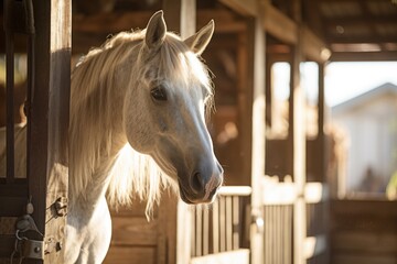 Beautiful white horse in a stable with morning lights