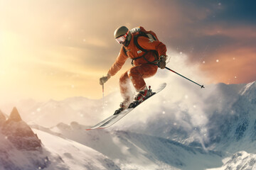 Skier jumping in the snow mountains on the slope with his ski and professional equipment on a sunny day. Jumping skier skiing. Extreme winter sports on mountain. Generative AI - obrazy, fototapety, plakaty