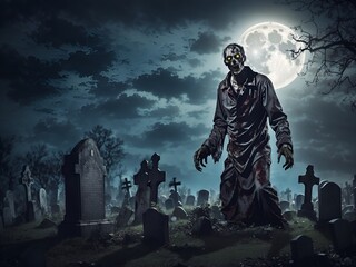 Naklejka premium Cemetery Full Moon Zombie Halloween Horror Tombstones Artwork ai generated