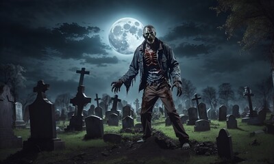 Cemetery Full Moon Zombie Halloween Horror Tombstones Artwork ai generated