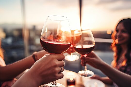 Hands with wineglasses close-up. People clinking red wine glasses on dinner party - Happy friends drinking wine at restaurant patio - guys and girls dining outdoor during sunset.