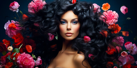 brunette with gorgeous voluminous long dense hair surrounded flowers. hair dye, hairstyle, haircare