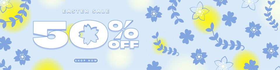 Fototapeta premium Colorful Pastel 50% Easter Sale Banner with Shop Now CTA button. Big typographic 50% design. Colorful blurred eggs with floral and flora design elements. Editable Vector Illustration. 