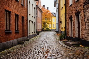 Ancient alley, Swedish residences, Malmö Old Town. Cobblestone street, Nordic architecture. Generative AI