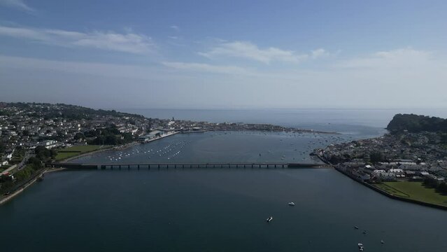 River Teign, South Devon, England: DRONE VIEWS: The River Teign and bridge. Shaldon village is on the right of the river; The town of Teignmouth and its docks (left) is a popular UK holiday resort.