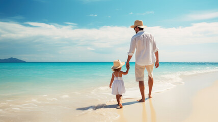 father and daughter walking on tropical beach shore. summer and vacation