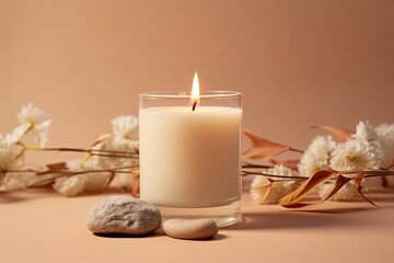 Obraz na płótnie Canvas Vanilla burning candle on beige background. Warm aesthetic composition with stones and dry flowers. Home comfort, spa, relax and wellness concept. Interior, Generative AI