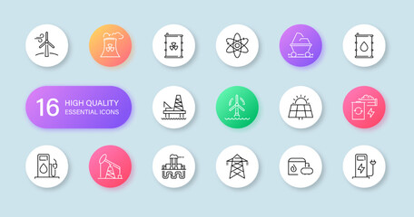 Energy icons set. Production and conservation of energy. Electricity, thermal, solar, nuclear energy. Vector EPS 10