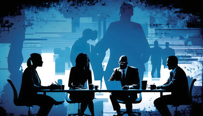 teamwork and leaders of innovative groups at the table, people silhouette, financial management, communication