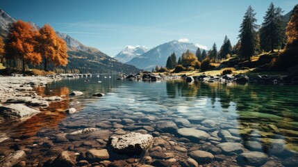 Sunny day in the Mountains. amazing view of the lake With autumn trees - obrazy, fototapety, plakaty