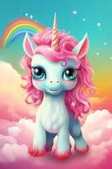 color illustration of unicorn, multicolored, rainbow, story, fantasy