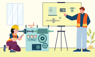 Matchine Maintenance concept illustration , female engineers disassembling matchine training