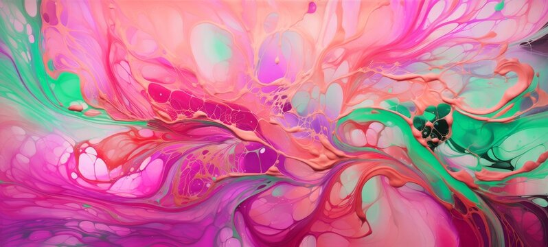 Abstract marbling oil acrylic paint background illustration art wallpaper - Pink green color with liquid fluid marbled paper texture banner painting texture