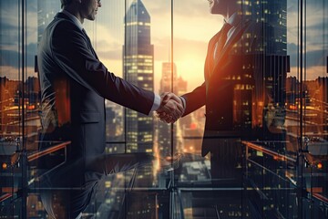 Shaking hands. Shadow business and secret government agreements. Silhouette of two influential men shaking hands in a backdrop of an office in sunset light.
