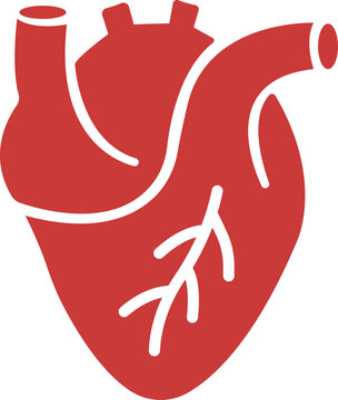 red Human Heart icon, Cardiac Muscle Line and Silhouette Color Icon. Medical Cardiology Pictogram. Healthy Cardiovascular Organ flat Symbol isolated on transparent Background.