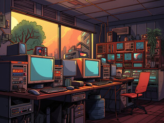 An Illustration of a 90s Computer Lab with Bulky Monitors