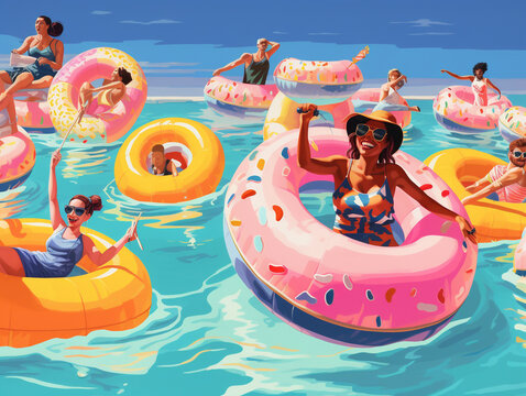 An Illustration of a 90s Pool Party with Inflatable Floats