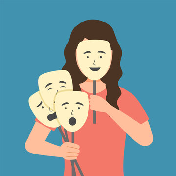 Woman holding masks with different emotions. She is tired of playing a role and changing mask. The girl got confused in her emotions. 
