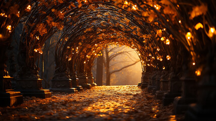 a luminous romantic autumn podium fairy tale forest, the rays fog in a round arch of yellow trees.