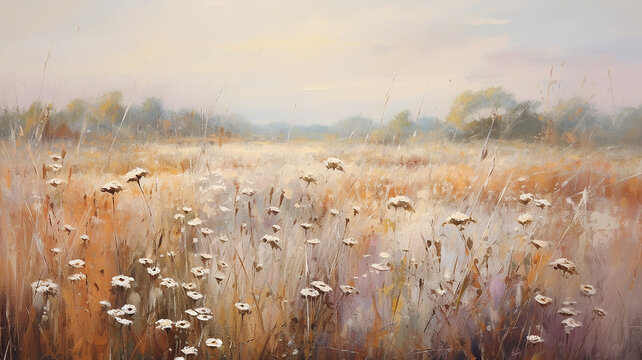blurred background of daisies on the indian summer field oil painting impressionism.