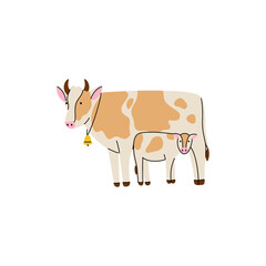 Farm animal. Brown cow, Hand drawn funny contemporary drawing livestock, milk and meat, standing mammal, cartoon flat isolated vector illustration