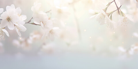 Delicate cherry blossoms on small branches against a hazy sky.