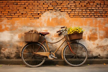 A bicycle parked near a brick wall with baskets attached to the front and back wheels. Generative AI