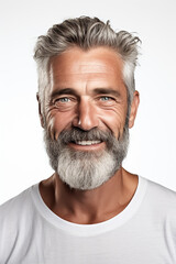 Obraz premium Portrait middle-aged man with gray hair and beard - smiling sympathetically into camera against white background - Generative AI