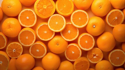 Background of sliced and whole oranges