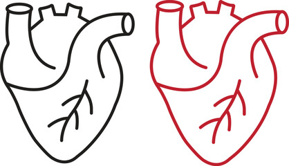 set of black and red line Human Heart icons, Cardiac Muscle Line and Silhouette Color Icons. Medical Cardiology Pictogram. Healthy Cardiovascular Organ Symbol isolated on transparent Background.