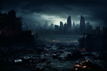 Dark urban cityscape depicting Gotham at night. Generative AI