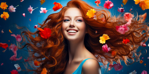 beautiful gorgeous red-haired girl with blowing hair and flying flowers. beauty concept