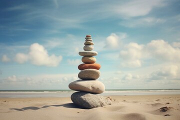 Fototapeta na wymiar Pile of stones on sandy beach with sky behind. Generative AI