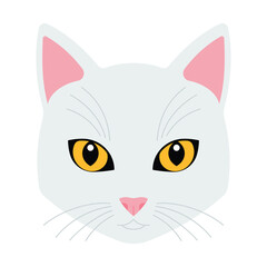 Cat. Feline head - yellow eyes, ears, pink nose, white cat fur, long whiskers. Domestic cats face. Front view. Minimalist vector illustration. Isolated